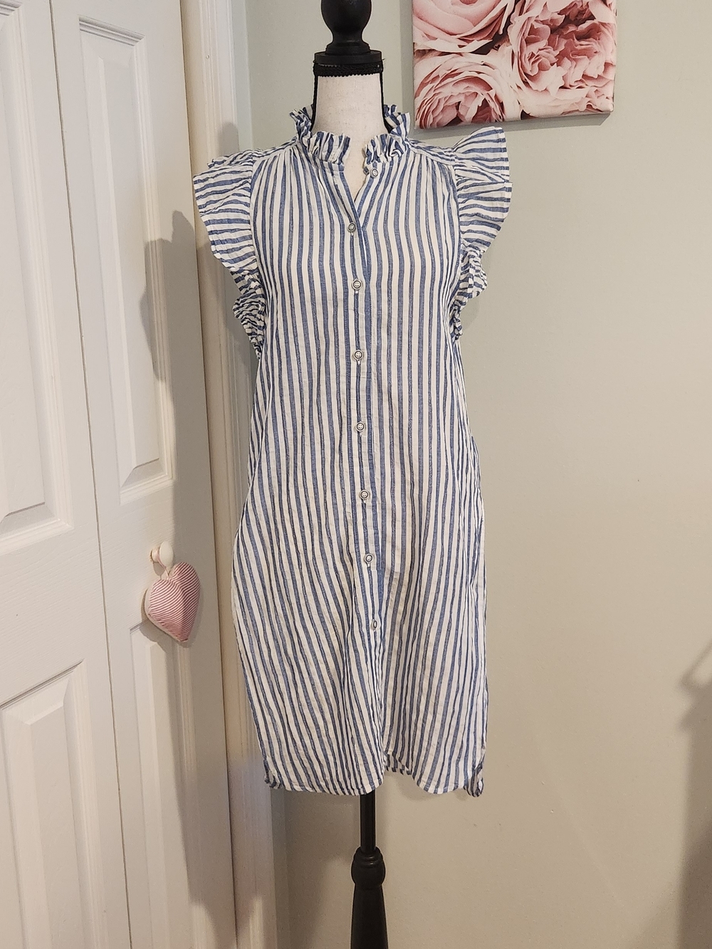 Maeve By Anthropologie Blue and White Striped Ruffle Sleeve Tunic